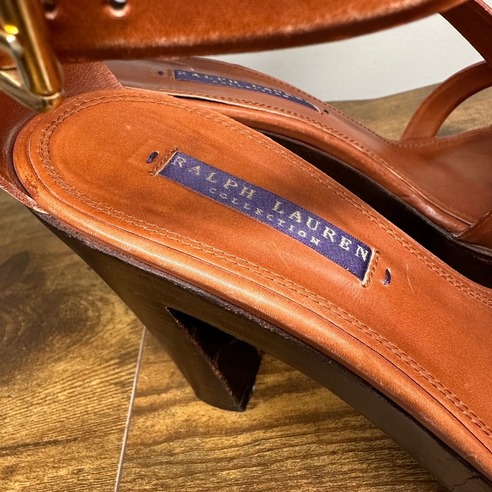 Ralph Lauren Purple Label Collection Leather T-Strap Platform Sandals Wooden 8.5 - Picture 2 of 12
